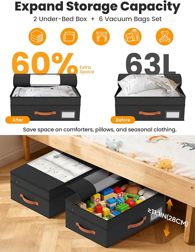 TOSKING 2-Pack Under Bed Storage Drawers with Wheels, 6 Vacuum Bags, Adjustable Height 7.9-10.2", 63L/80 lbs Clear Lid Rolling Bin, 900D Oxford, Space Saver for Dorm Bedroom Clothes Shoes, Black - Image 5