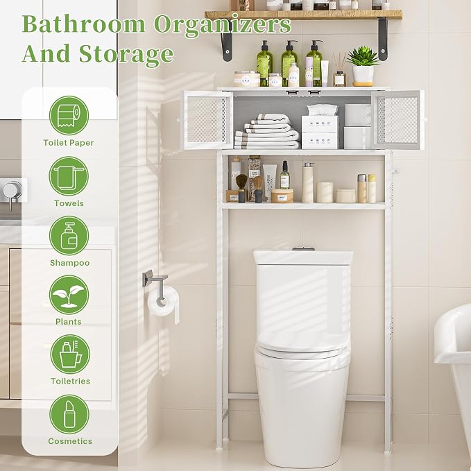 ThreeHio Over the Toilet Storage Cabinet with Doors, Bathroom Organizer Shelf Above Toilet, Bathroom Storage Cabinet Over Toilet, Freestanding Space Saver Metal Shelves for Small Space, White - Image 6