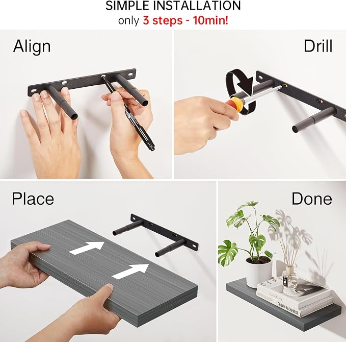 BAYKA Grey Floating Shelves 15.7in, Set of 3, Wall Mounted for Wall Decor - Image 8