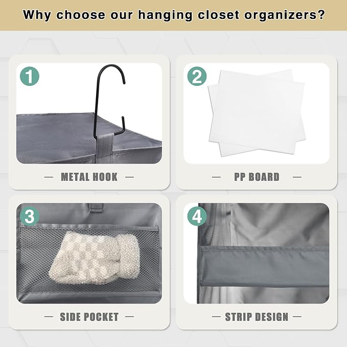 3-Shelf Hanging Closet Organizer, Washable Foldable Storage, Dark Gray | Front lip keeps items secure; side pockets add room; Oxford fabric handles towels, shirts, baby items, dorms, RVs or travel. - Image 4
