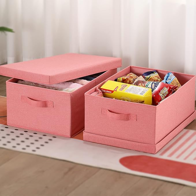 HOONEX Linen Foldable Storage Bins with Lids, 2 Pack, Storage Boxes with Carrying Handles and Sturdy Heavy Cardboard, 16.5" L x 11.8" W x 7.5" H for Shoes, Books, Clothes, Nursery, Pink - Image 5