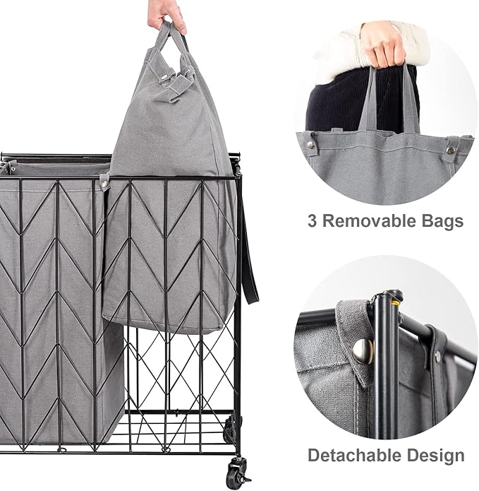 WOWLIVE Laundry Hamper 3 Section with Lid, 142L Laundry Basket with Wheels - Image 5