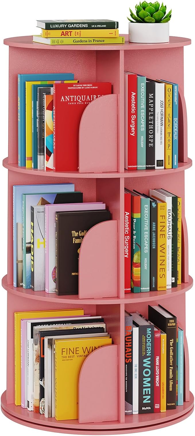 SpaceAid 3 Tier Rotating Bookshelf Tower, Spinning Bookcase Lazy Susan, Revolving 360 Book Shelf Storage Round Carousel, Vertical Rotate Turning Spiral Corner Organizer, Pink by SpaceAid