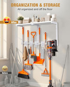 Large Broom Holder Wall Mount with Shelf, Vacuum Organizer, 5 Slots 5 Hooks - Image 4