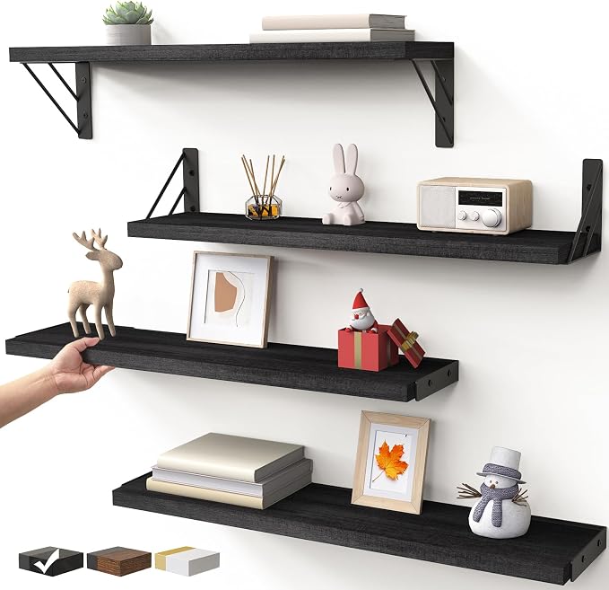 BAYKA Wall Mounted Floating Shelves, Wood, Black, Set of 4, 23in by Bayka