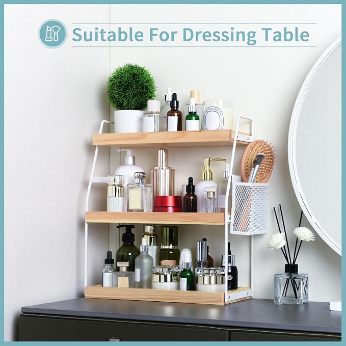 Uneviesyka Bathroom Counter Organizer, 3-Tier Standing Storage Shelf with Basket, Wood Tray for Skincare Vanity Organizer(White) - Image 5