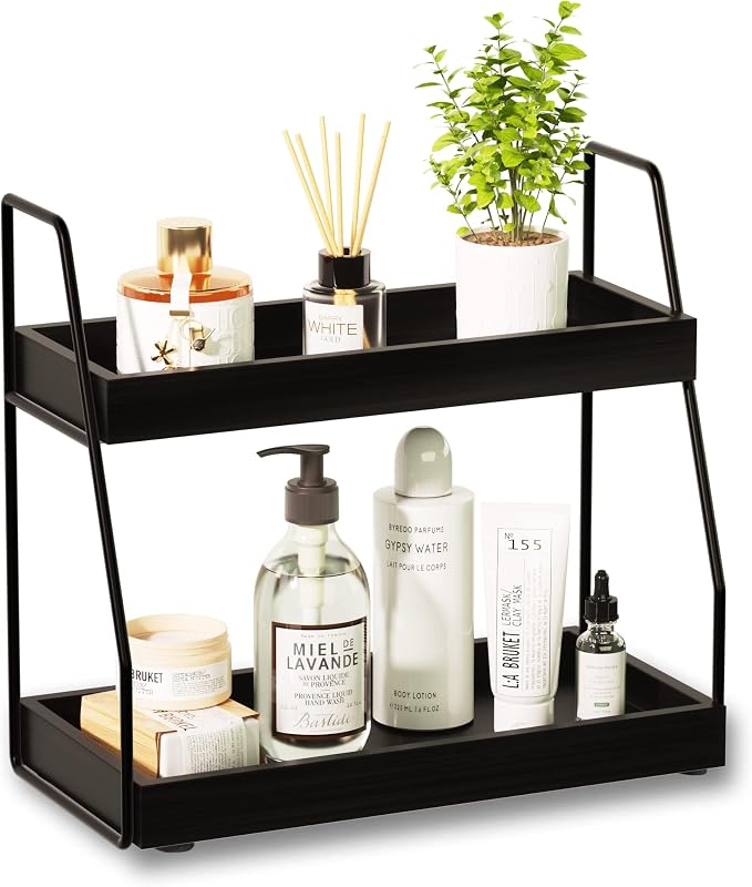 ZGO 2-Tier Modern Bathroom Counter Organizer, Wooden Sink Organizer Shelf for Vanity Storage, Makeup Bedroom Corner (Black Frame, 2 Shelves) by ZGO