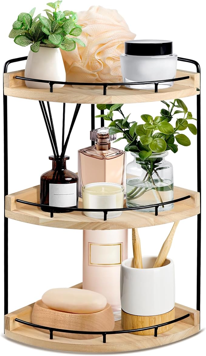 3 Tier Bathroom Counter Organizer, Bathroom Counter Tray and Vanity Organizer, Wood Corner Countertop for Kitchen, Dresser (Rustic Wood) by Alytree