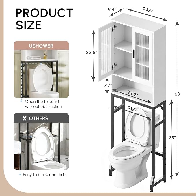 USHOWER White Over The Toilet Storage Cabinet with Glass Doors - Image 2