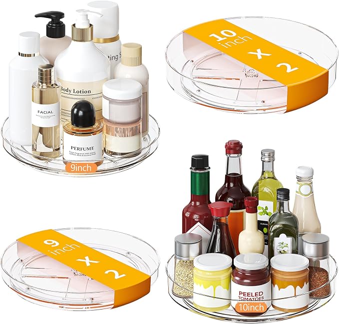 4 Pack Clear Lazy Susan, 9+10 Inch Turntable Organizer, Non-Skid Rotating Tray for Cabinet, Kitchen Pantry Organization and Storage, Acrylic Spinner for Refrigerator, Bathroom Vanity and Spice Rack by Lulltou