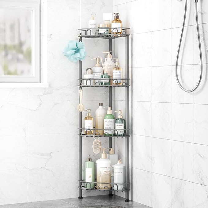 SWTYMIKI Standing Shower Caddy Corner - 4‑Tier Stainless Steel Shower Organizer Shelf with 12 Hooks and Adhesive Pads, Rustproof Corner Shelves Stand Rack for Bathroom Shower Room, Gray by SwtyMiki-TidyHomeSweetLife