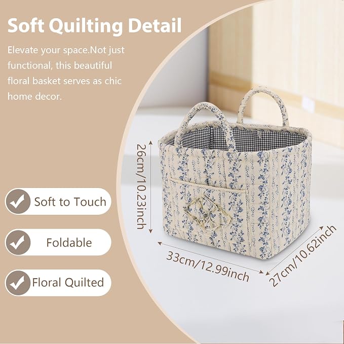 Storage Basket Boho Fabric Large Collapsible Floral Laundry Nursery Hamper Portable Folding Storage for Clothes Toys (Vine-Blue C) - Image 6