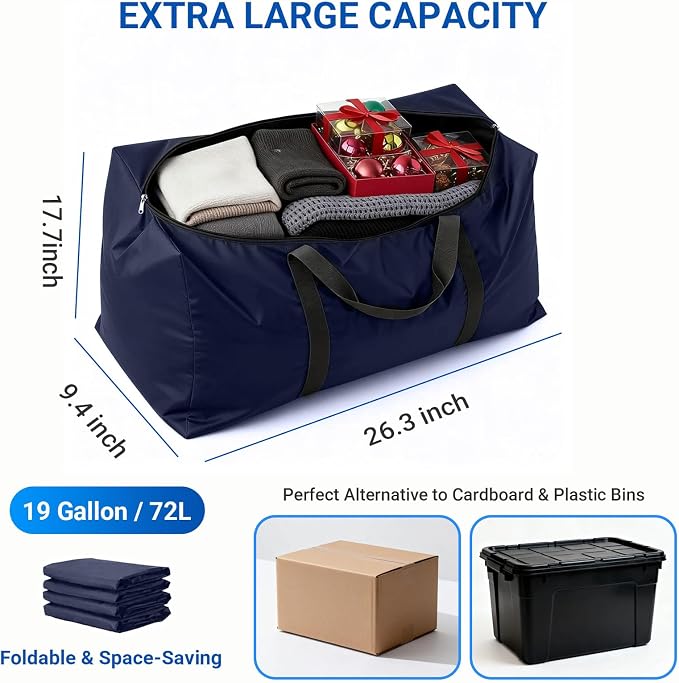 Extra Large Moving Bags, 4 Pack Blue Oversized Storage Totes with Strong Zipper & Reinforced Full Loop Handles, Collapsible Storage Bags for Space Saving, for King/Queen Comforter, Blankets & Clothes - Image 2