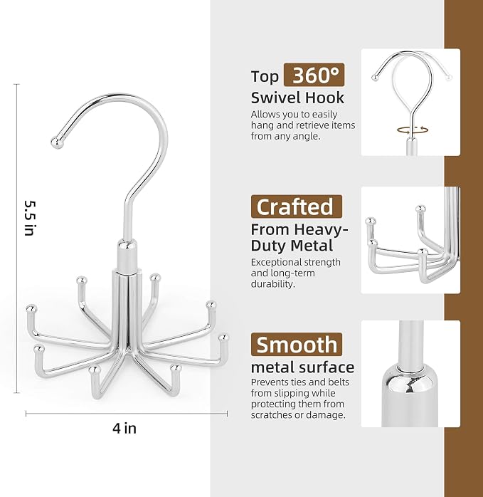 ZEDODIER Tie Hanger for Closet, Rotating Tie Organizer, Holds 8 Ties - Image 5