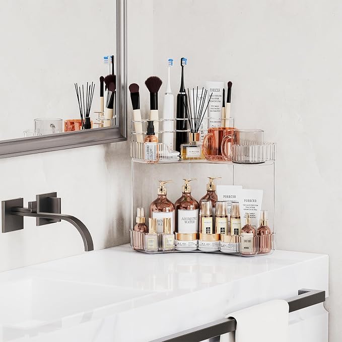Asayuee 2-Tier Corner Bathroom Counter Organizer with Top Toothbrush Holders,Large Makeup Organizer Countertop with Brush Holder,Skincare Organizers Corner,Exquisite Vanity Organizer(Clear, 2 Tier) - Image 3