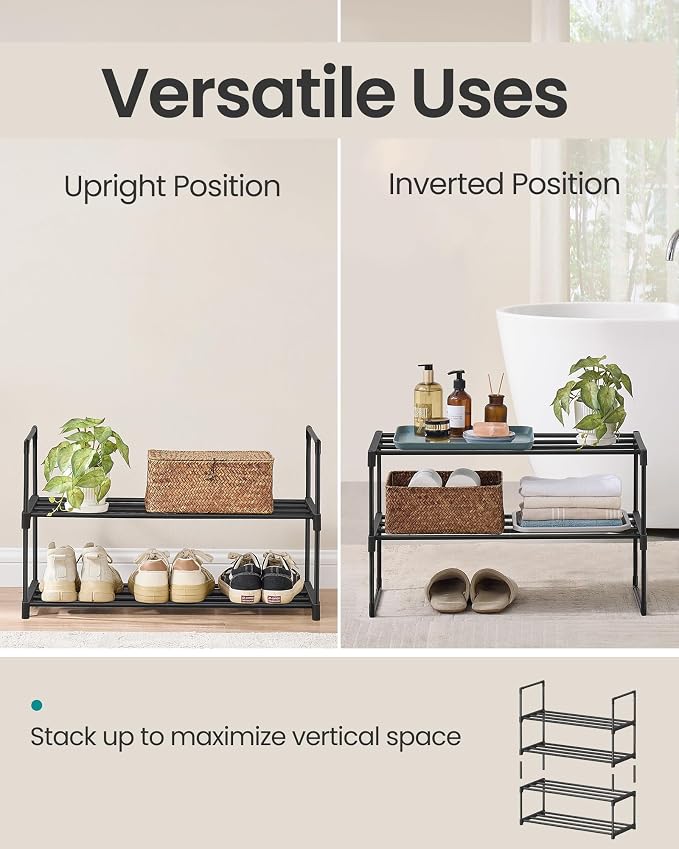 SONGMICS Shoe Rack, 2-Tier Shoe Organizer, Metal Storage Shelf | for Entryway, Upright or Upside Down, for 6-9 Pairs, Stackable, 11.8 x 26.8 x 14.6 Inches, Black ULSA202B01 - Image 4