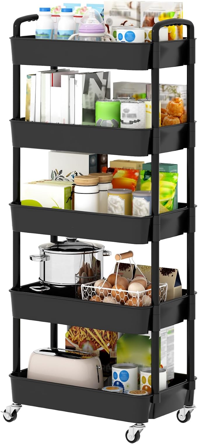 Sywhitta 5-Tier Plastic Rolling Utility Cart with Wheels,Black by haseverythingyouneed