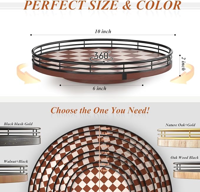AMH 10-Inch Brown Checkerboard Lazy Susan Organizer with Black Metal Rail - Image 6