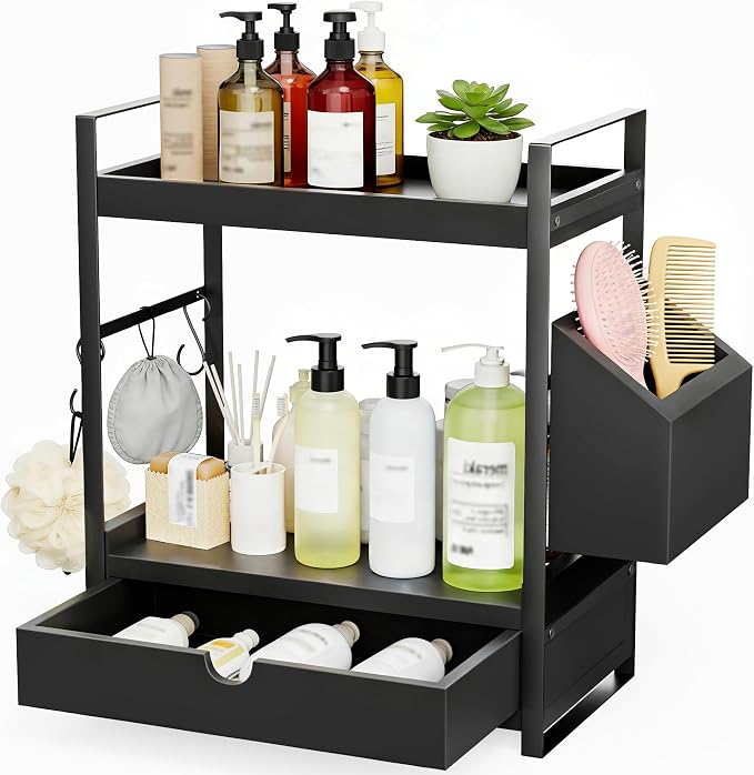 Kottwca 2-Tier Bathroom Counter Organizer with Drawer, Wooden Vanity Shelf by Kottwca