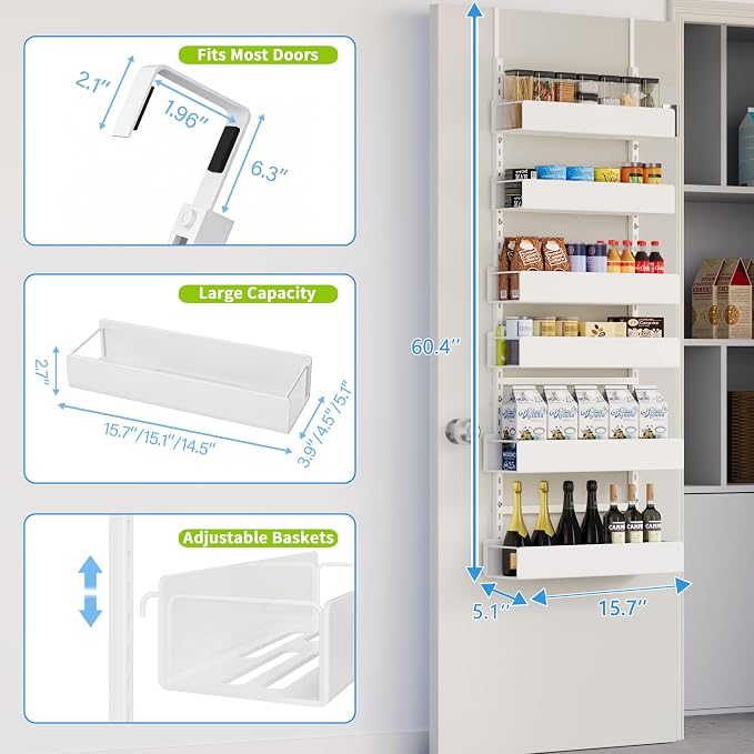 6-Tier Hanging Pantry Organizer, Metal Spice Rack Storage for Kitchen Laundry Bathroom Cabinet, White - Image 2