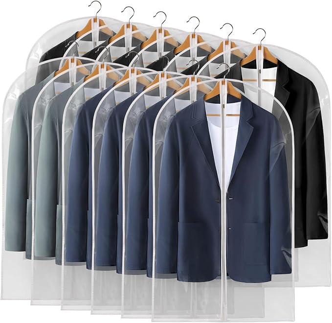 40" All Clear Garment Bags for Hanging Clothes, 12 Packs Suit Bags for Closet Storage, Plastic Waterproof Suit Cover Bags with Zipper for Coats, Jackets, Shirts (Set of 12) by Perber