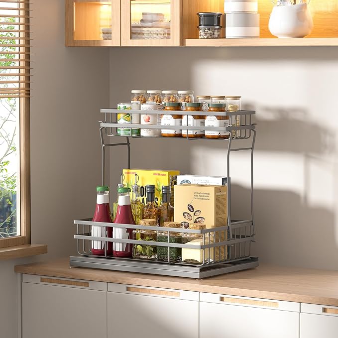 2 Pack Under Sink Organizers and Storage, 2 Tier Pull Out Cabinet Organizer, Metal Sliding Drawer Storage for Kitchen Bathroom，Gray - Image 7