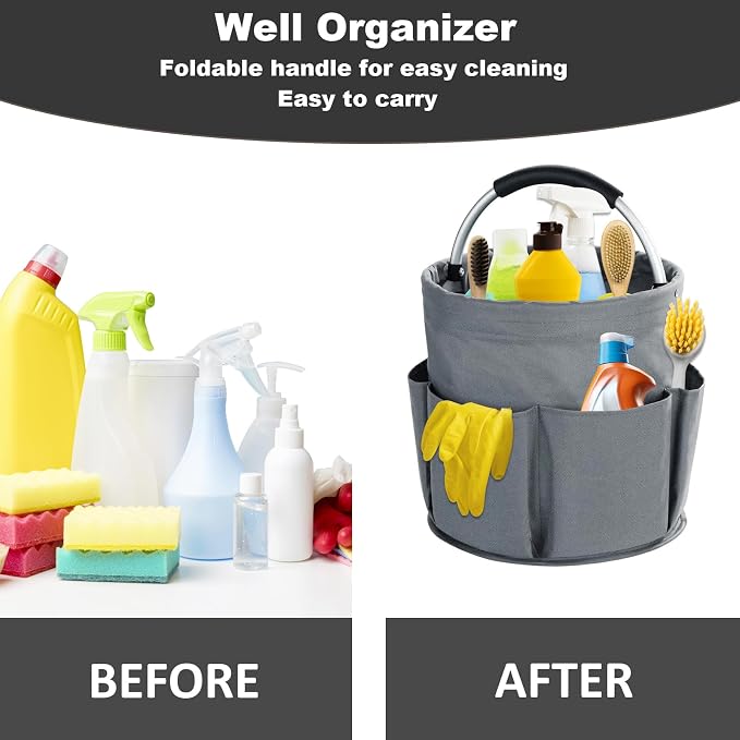17L Cleaning Caddy with Handle, Cleaning Supplies Organizer, Foldable Storage Basket, Cleaning Supply Caddy, Portable Multi Cleaning Bucket Bag for Home, Garden (Grey) - Image 3