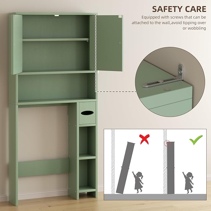 Shintenchi Over the Toilet Storage Cabinet, Bathroom Storage Cabient with Barn Doors, Bathroom Storage Shelf Organizer with Toilet Paper Holder, Adjustable Shelf and Anti-Tip Device, Green - Image 6