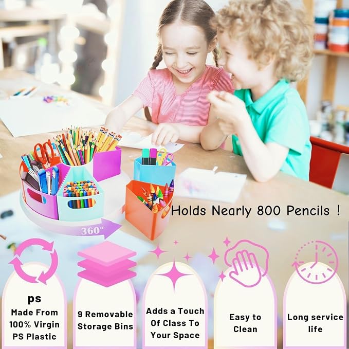 Rotating Art Supply Organizer Storage Caddy for Kids - 9 Bin Craft Crayon Marker Organizer for School Desk, Lazy Susan Pencil Holder for Classroom Organization, School Supplies - Image 3
