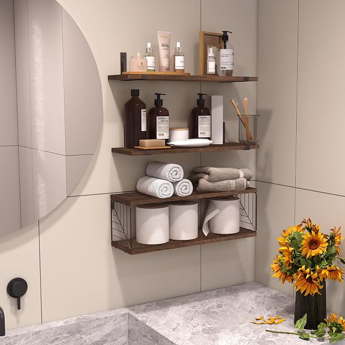 Fixwal 3+1 Tier Bathroom Floating Shelves Over Toilet, Dark Brown - Image 5