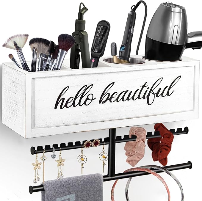 Rustic Hair Dryer Holder Wall Mounted,Hair Styling Tools & Accessories Organizer,Bathroom Supplies & hot Tools vanities Organizer Caddy,for Storage Flat Iron,Blow Dryer,Curling Iron (White) by Ronjnndc