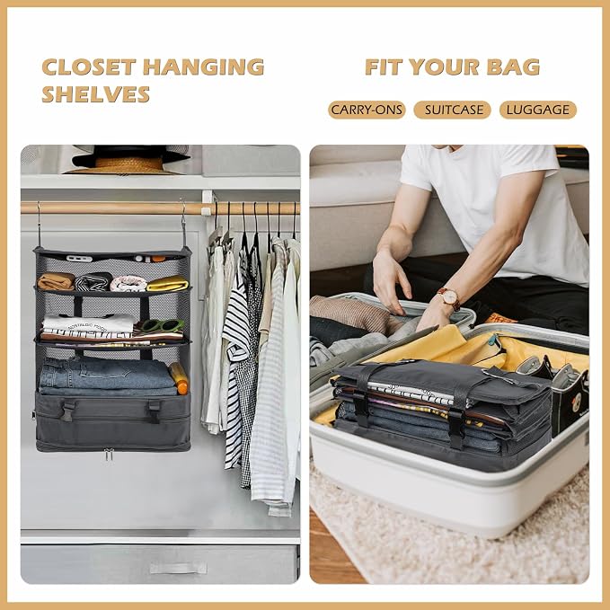 Surblue Hanging Closet Storage Bag Collapsible 3-Shelf Washable Oxford Fabric with 2 Hooks (XL 17.71 * 11.81 * 20in, Grey) - Image 2
