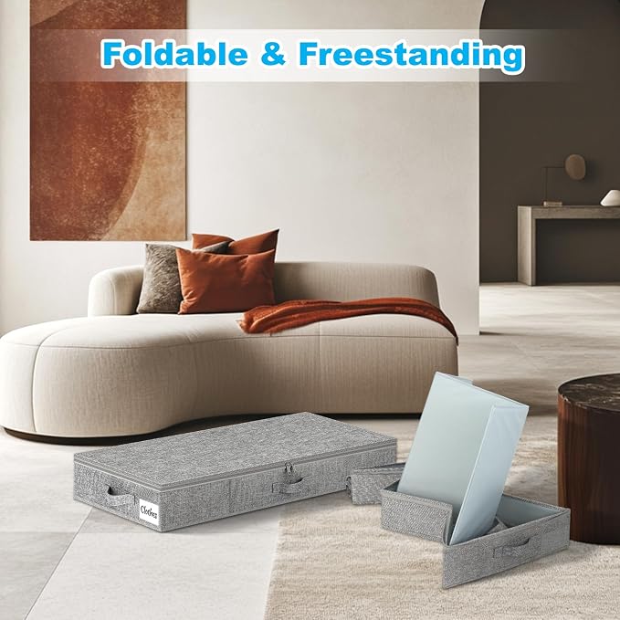 Under Bed Storage Container Bins 4 Pack, 4 Inch Thin Low Profile Underbed Clothes Storage Organizer for Dorm & Home, Use for Blanket and Toy Storage Box W/ Sturdy Bottom/Sides, Foldable Thick Fabric - Image 6