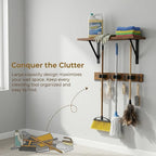 Wooden Broom Holder Wall Mount with Hooks and Shelf Mop Hangers Storage Rack with Cleaning Supplies Organizer Farmhouse Garage Laundry Room Wood Shelf (Brown, 1) - Image 4