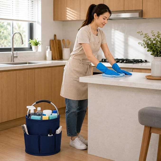 Cleaning Caddy with Handle, 17L Foldable Storage Basket, Heavy Duty 600D Oxford Cloth Organizer, Portable Supply Bag, Multi-Purpose Supplies Caddy for Home, Bathroom, Kitchen, Garden - Dark Blue - Image 5