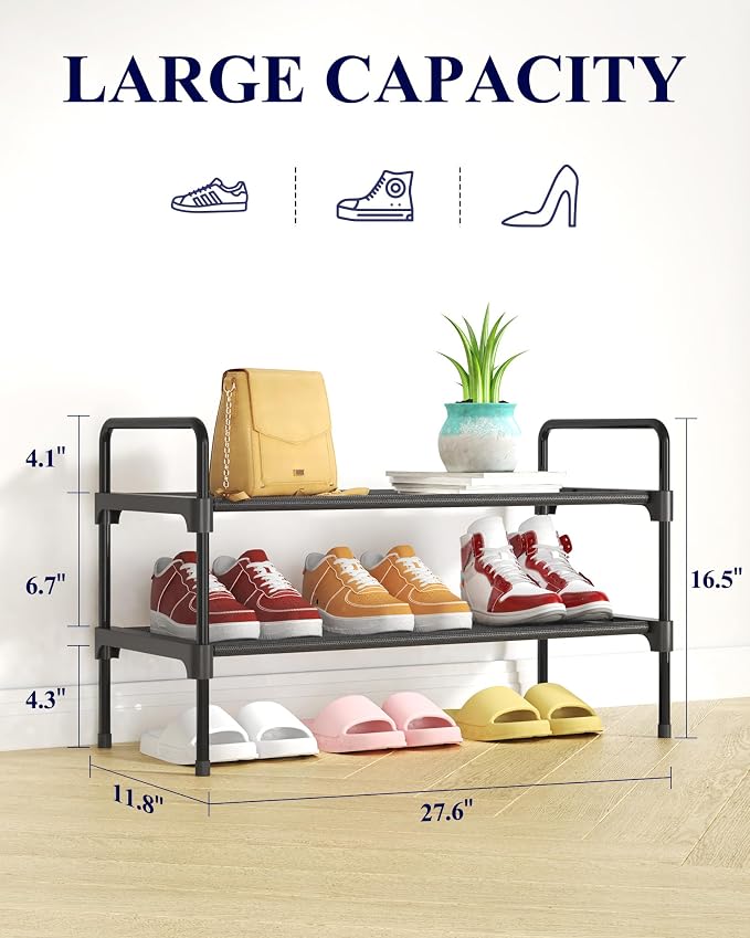 Kitsure Shoe Rack for Closet, Shoe Storage, 27.6" Wide - 2 Tiers, Black | Shoe Organizer for Closet, Entryway, Living Room, Space-Saving Shoe Shelf, Sturdy Zapateras Organizer - Image 2