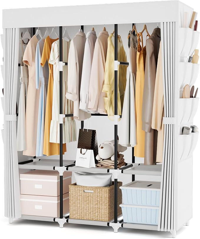 Portable Closet with Cover, 3 Hanging Rods and Side Pocket, Sturdy Free Standing Closet, White by BRFOYU