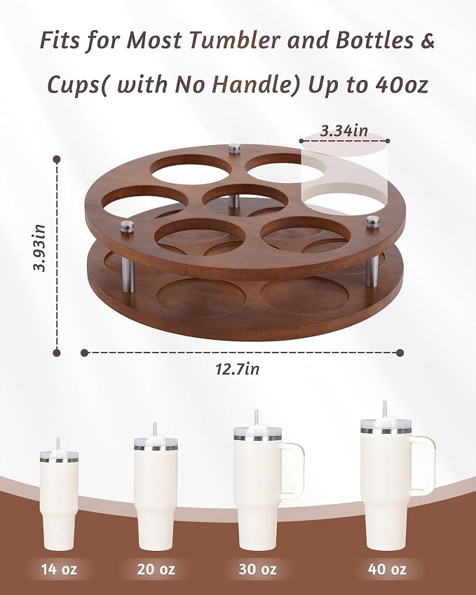Rotating Wood Tumbler Organizer, 30 oz 40 oz Spinning Turnable Tumblers Holder, 360° Rotatable 7 Large Cups Bottle Tumbler Storage Display Stand, Rotate Syrup Organizer for Cabinet Countertop - Image 2