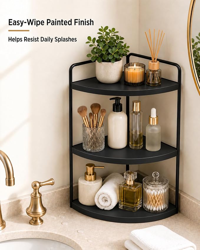 3-Tier Corner Bathroom Counter Organizer, Solid Pine Vanity Shelf, Black - Image 2