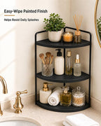 3-Tier Corner Bathroom Counter Organizer, Solid Pine Vanity Shelf, Black - Image 2