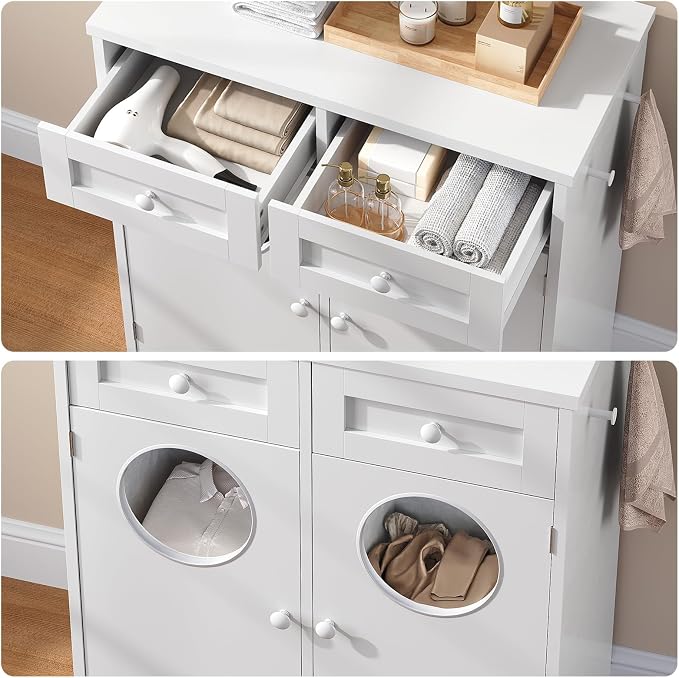 HOOBRO Double Laundry Hamper Cabinet, Hidden Laundry Cabinet with 2 Drawers & 2 Baskets, 20 Gallon Farmhouse Bathroom Laundry Hamper with 2 Clothes-Toss Holes, White WT36XY01 - Image 6