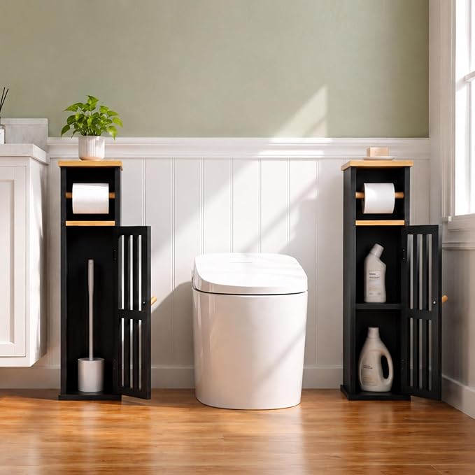 Narrow Bathroom Storage Cabinet with Toilet Paper Holder, Black - Image 9