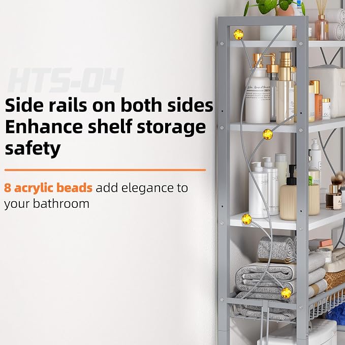 Over-The-Toilet Storage Rack, 4-Tier Bathroom Organizer Shelf Over Toilet with Adjustable Shelf and Basket, Freestanding Space Saver Bathroom Shelves Above Toilet for Room (Gray White) - Image 3