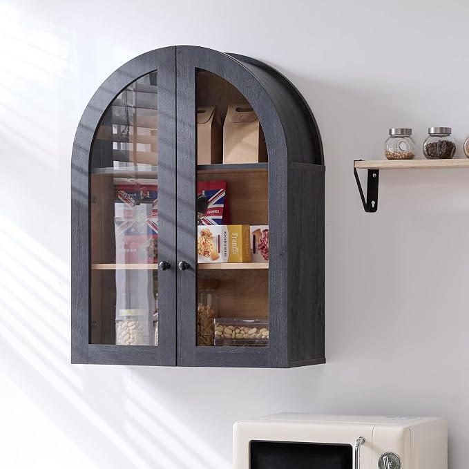 Bathroom Arched Wall Cabinet Over The Toilet Storage Cabinet, 23.5×31.4 Inch bathroom cabinet wall mount with Glass Doors & Adjustable Shelves, Wood Cabinet for Laundry Room, Kitchen,Dark Grey/Natural - Image 6