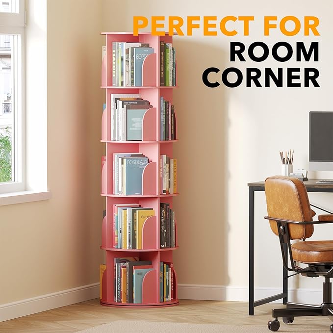 SpaceAid 5 Tier Rotating Bookshelf Tower, Spinning Bookcase Lazy Susan, Revolving 360 Book Shelf Storage Round Carousel, Vertical Rotate Turning Spiral Corner Organizer, Pink - Image 5