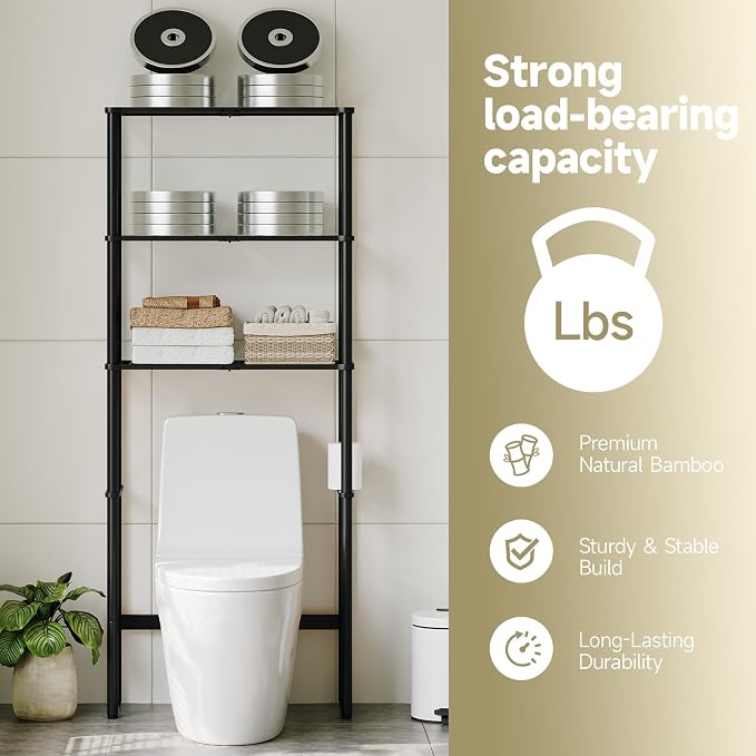 Over The Toilet Storage,3-Tier Bamboo Bathroom Shelf with Paper Holder - Image 7