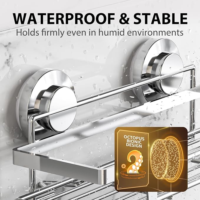 LEVERLOC Shower Caddy Suction Cup 2 Pack, Shower Shelf for Inside, Silver - Image 3