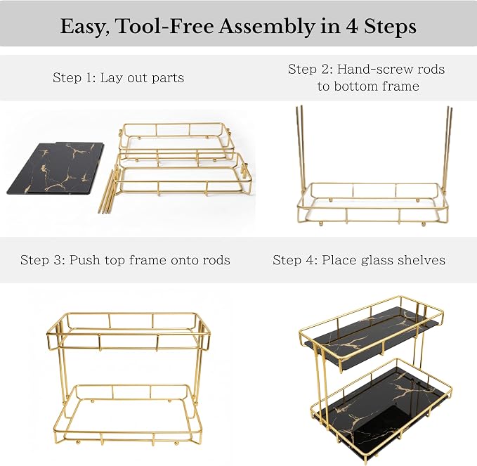 2-Tier Black Marble Bathroom Countertop Organizer – Glass Shelves & Gold Metal Frame, Stylish Vanity Storage Shelf for Perfume, Skincare, Makeup & Toiletries - Image 7