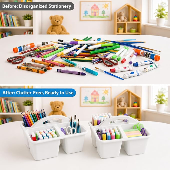 6 Pack 4 Compartment Classroom Caddy with Handle, White - Image 4