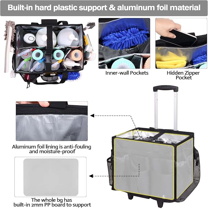 Rolling Cleaning Caddy Bag Built-in Hard Plastic Sheet Detachable Trolley - Image 4